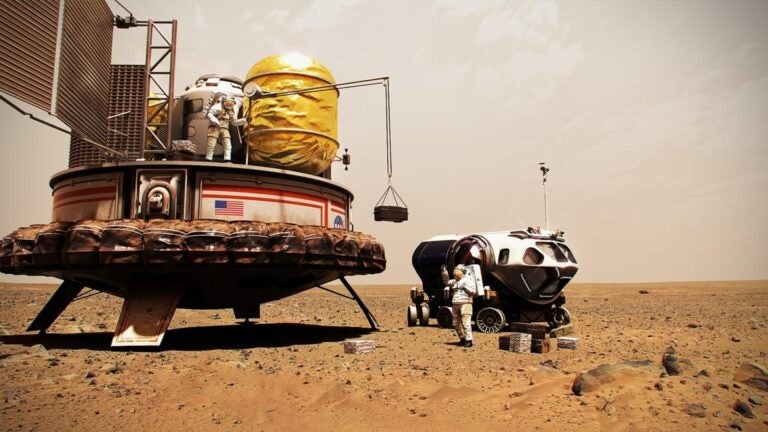 Artist's illustration of humans working on Mars.