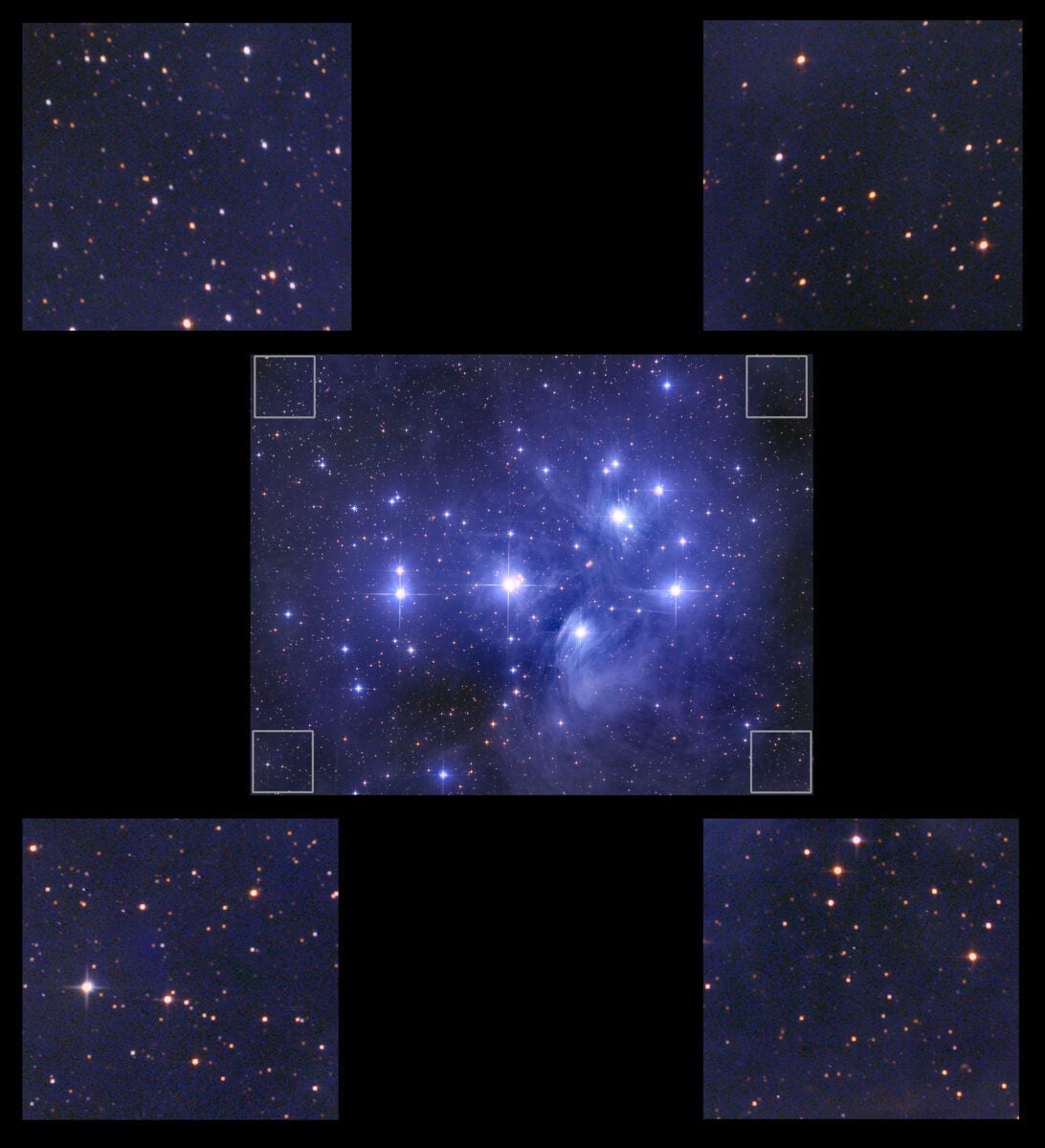 All four corners of this image of M45 show sharp stars, thanks to the incorporation of the Nexus coma corrector into the imaging assembly.