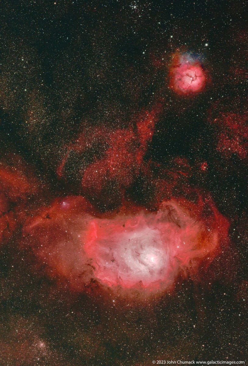 The stunning Lagoon (M8) 
and Trifid (M20) nebulae ­— located at the bottom and top of this image, respectively — display a diverse range of objects and systems, such as open clusters and emission, reflection, and dark nebulae.