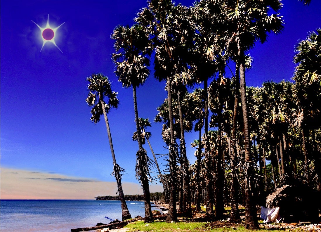 The author’s photo-illustration attempts to capture the unusual appearance of totality, as seen during the April 20, 2023, hybrid solar eclipse near Com, East Timor.