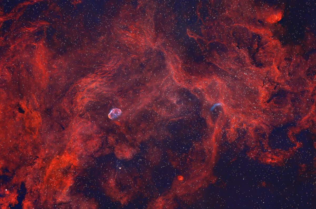 A 200mm ASKAR lens paired with an iOptron L-Ultimate filter (which passes Hα and OIII wavelengths) can capture deep-sky gems in the Sadr region in Cygnus, like the Crescent Nebula, shown here with 24 exposures of 10 minutes each.