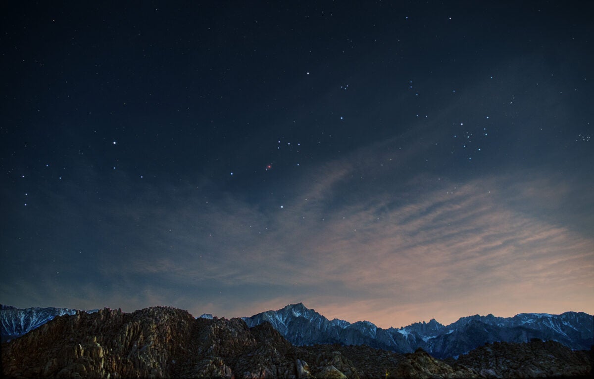  Wide-field images can still prevail when the weather presents challenges, as this image of Orion the Hunter rising over California’s Mount Whitney proves. This image was shot with a Samyang 24mm lens. 