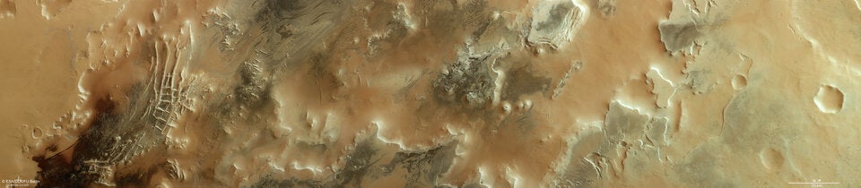 A Mars version of Inca City can be found on the left and a field of these spider-like topographical features lies on the edge of the former and appears as a dark brown residue on the surface. Credit: ESA/DLR/FU Berlin