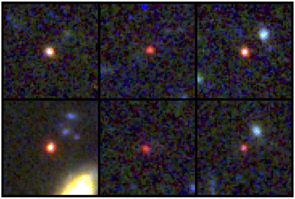 JWST images of six candidate massive galaxies, seen 500 million to 800 million years after the Big Bang. Credit: NASA/ESA/CSA/I. Labbe