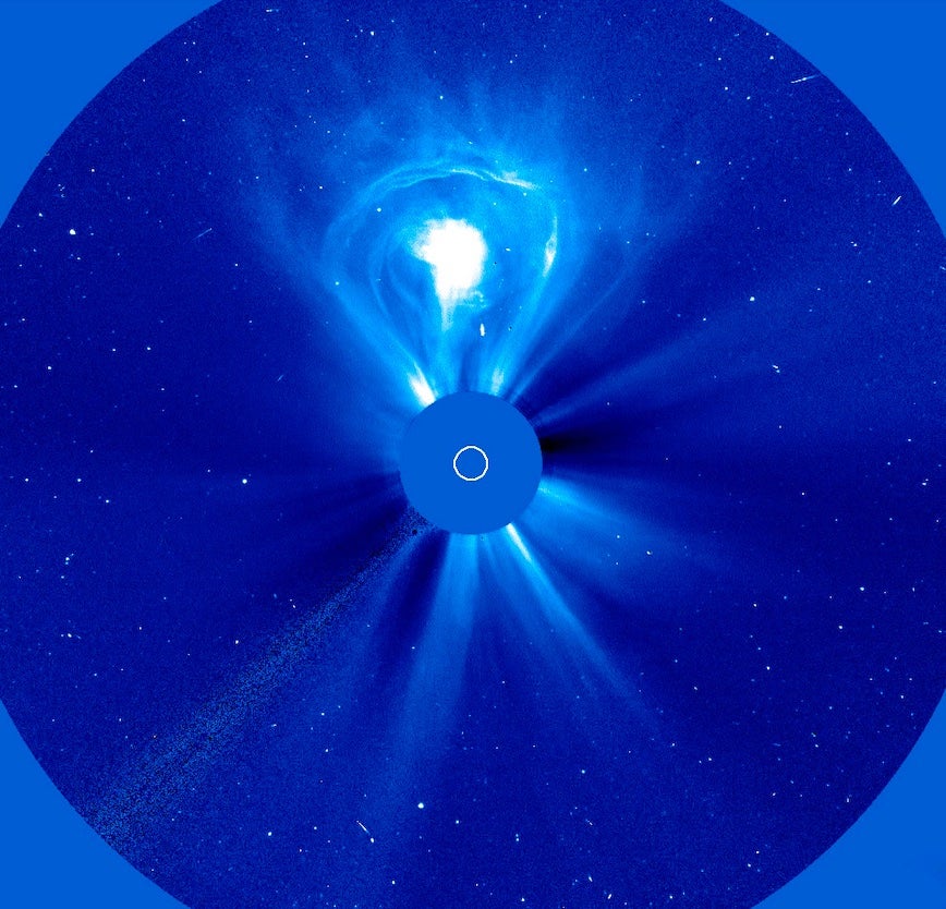 The Large Angle and Spectrometric Coronagraph experiment aboard the SOHO spacecraft is designed to block out the bright Sun to focus on events that occur in the corona. On Feb. 27, 2000, it captured a lightbulb-shaped coronal mass ejection blasting away from the Sun and into space. 