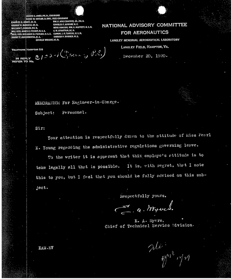 1930 memorandum about Pearl Young