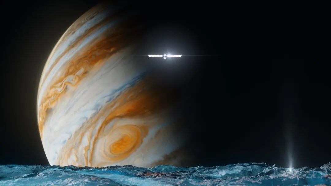 An illustration of NASA's Europa Clipper spacecraft above the surface of Europa and in front of Jupiter